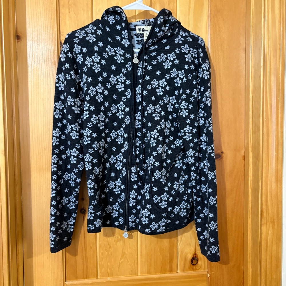 Neve Black  Zipp Up Hoodie Floral Wool Sweater Size L - Picture 2 of 7